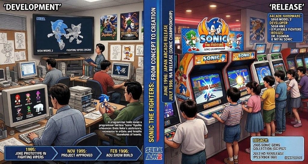 Split illustration showing development and release of Sonic the Fighters, with developers working on models at Sega AM2 and players using arcade machines.