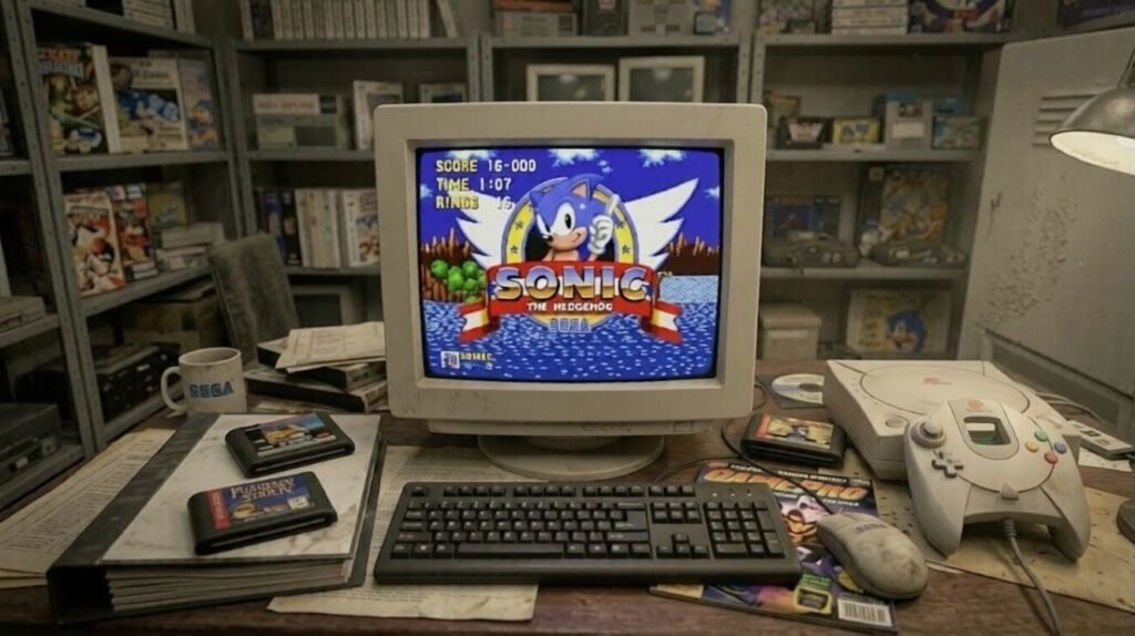 Retro Sega setup with CRT monitor displaying Sonic the Hedgehog game