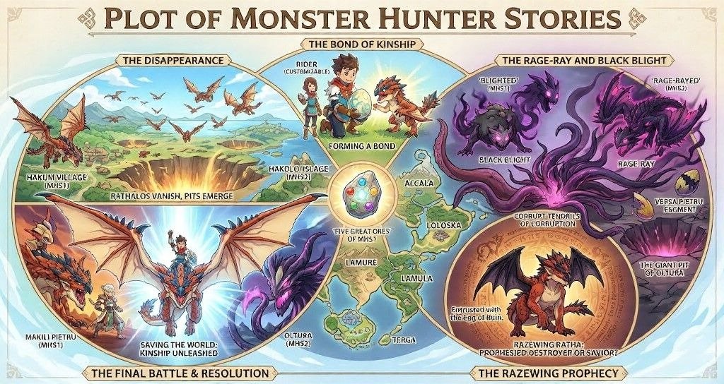 An illustrated story overview of Monster Hunter Stories showing key plot arcs, characters, and monsters like Rathalos and the Black Blight across different regions.