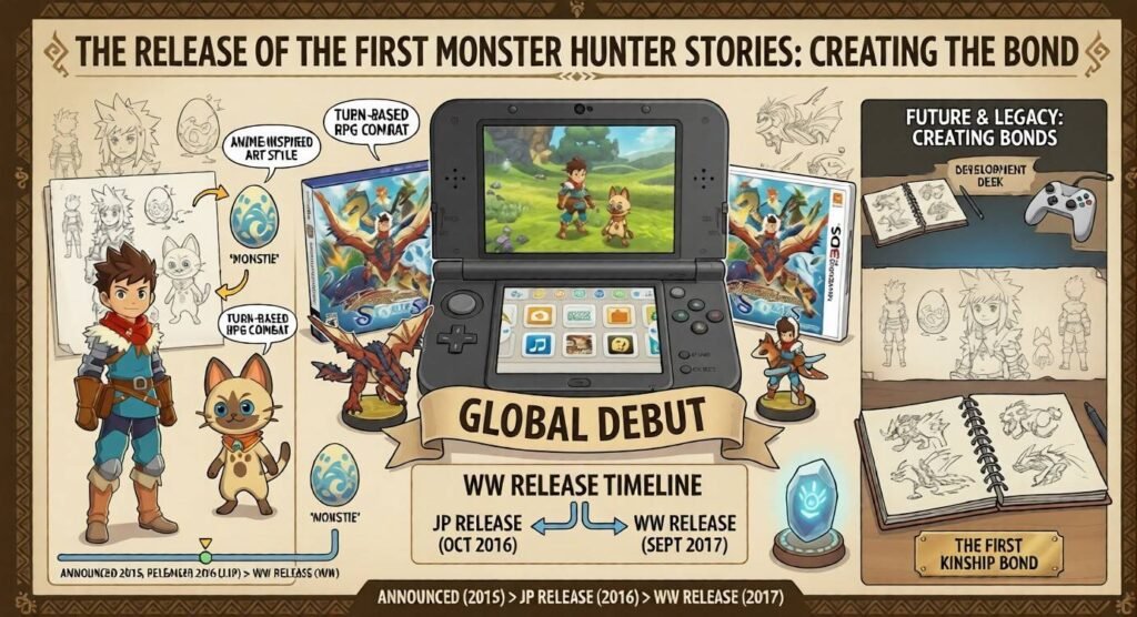 Infographic showing Monster Hunter Stories release timeline, gameplay, and global debut on Nintendo 3DS