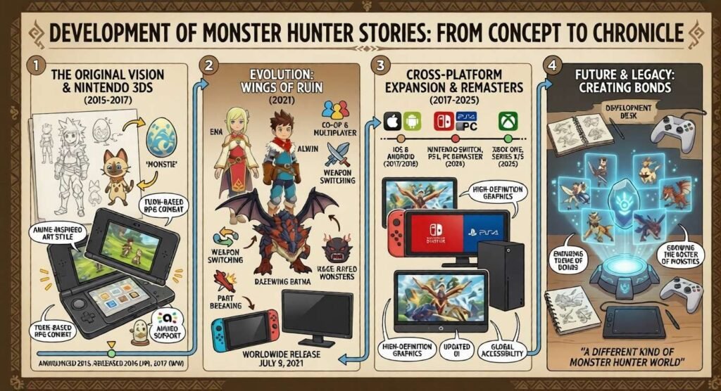 An illustrated development timeline of Monster Hunter Stories showing its evolution from Nintendo 3DS origins to modern platforms, characters, and design concepts.