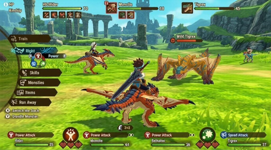 A turn-based battle scene in Monster Hunter Stories showing a Rider and their Monstie facing a wild Tigrex in a grassy ruin environment with combat options displayed.