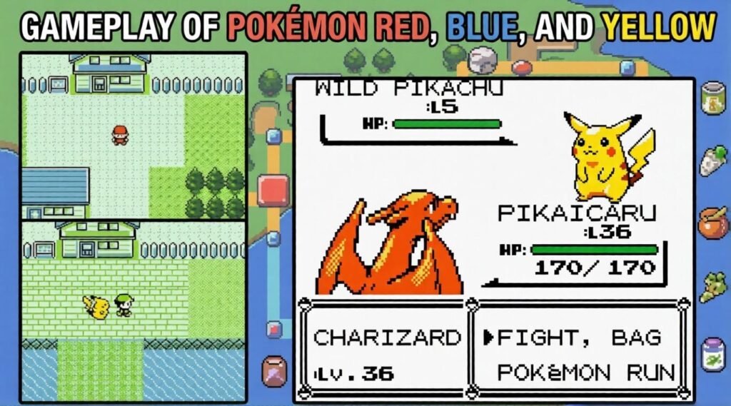 Alt Text:
Gameplay scene from Pokémon Red and Blue showing overworld exploration and battle with Charizard versus Pikachu