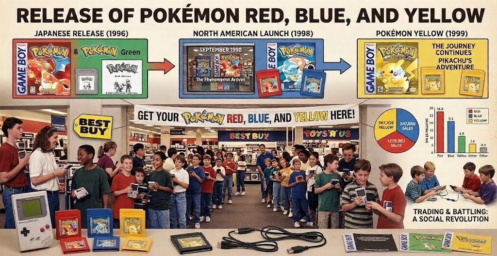 Illustration of the release of Pokémon Red, Blue, and Yellow, showing Japanese launch, North American release, Pokémon Yellow, retail promotion, and trading culture.