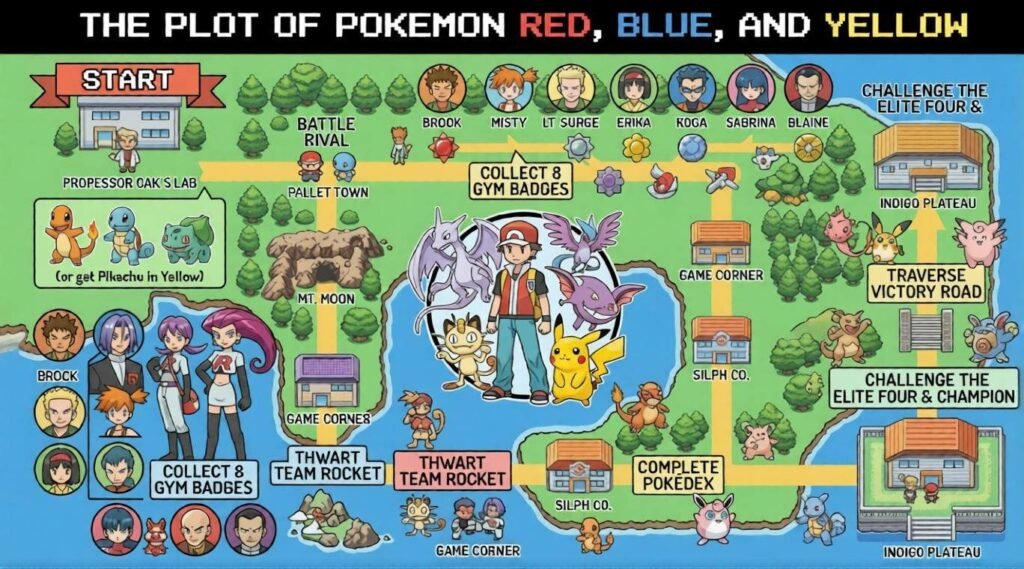 Story map of Pokémon Red, Blue, and Yellow showing journey from Pallet Town through Kanto region with Gym Leaders and Elite Four
