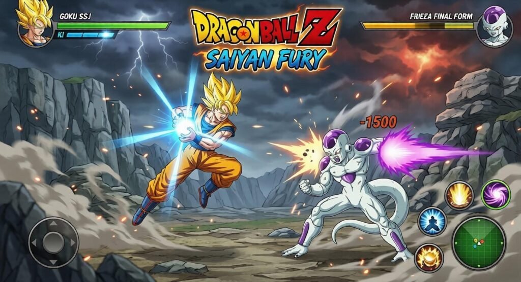 Action-packed gameplay screen showing a Super Saiyan fighter battling Frieza with energy attacks, health bars, and on-screen controls in a rocky arena.
