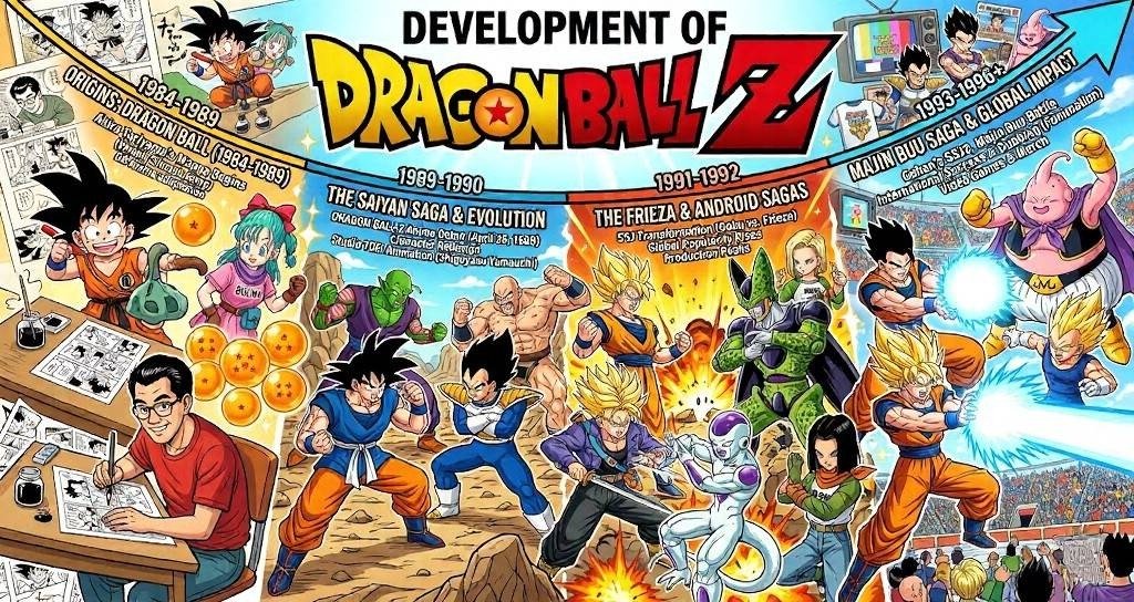 Colorful illustrated timeline poster showing the development of Dragon Ball Z, featuring characters, sagas, and milestones from its creation to later arcs.