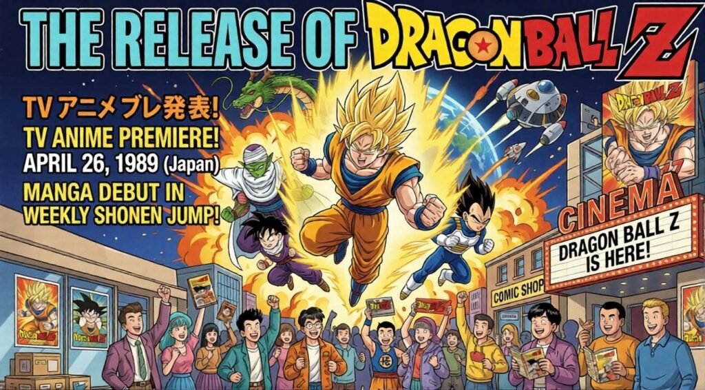 Vibrant poster celebrating Dragon Ball Z release, showing characters flying over a cheering crowd with text about anime premiere and manga debut dates.