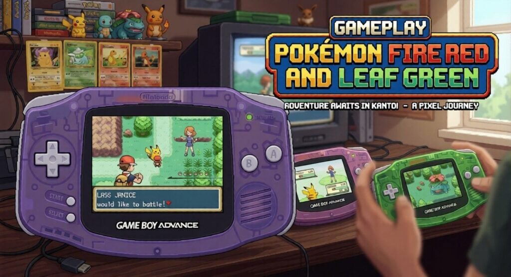 Illustrated gaming setup featuring Pokémon FireRed and LeafGreen gameplay on colorful Game Boy Advance consoles, with battle scenes on-screen and Pokémon-themed collectibles in the background.