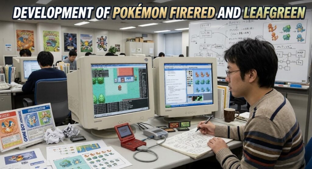 Office scene showing the development of Pokémon FireRed and LeafGreen, with developers at CRT monitors, game assets on desks, a Game Boy Advance, and a whiteboard filled with diagrams and character art.
