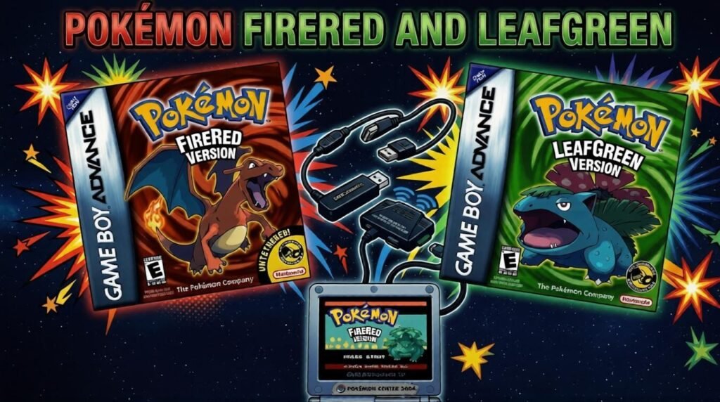 Promotional image for Pokémon FireRed and LeafGreen showing both Game Boy Advance box covers, a cartridge, and link accessories against a starburst-filled background.