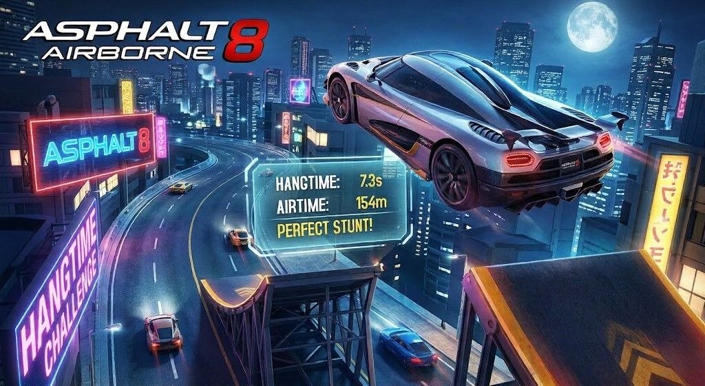 Promotional Asphalt 8: Airborne image showing a silver sports car leaping between rooftop ramps over a neon-lit city at night, with stunt stats reading Hangtime 7.3s, Airtime 154m, and Perfect Stunt.