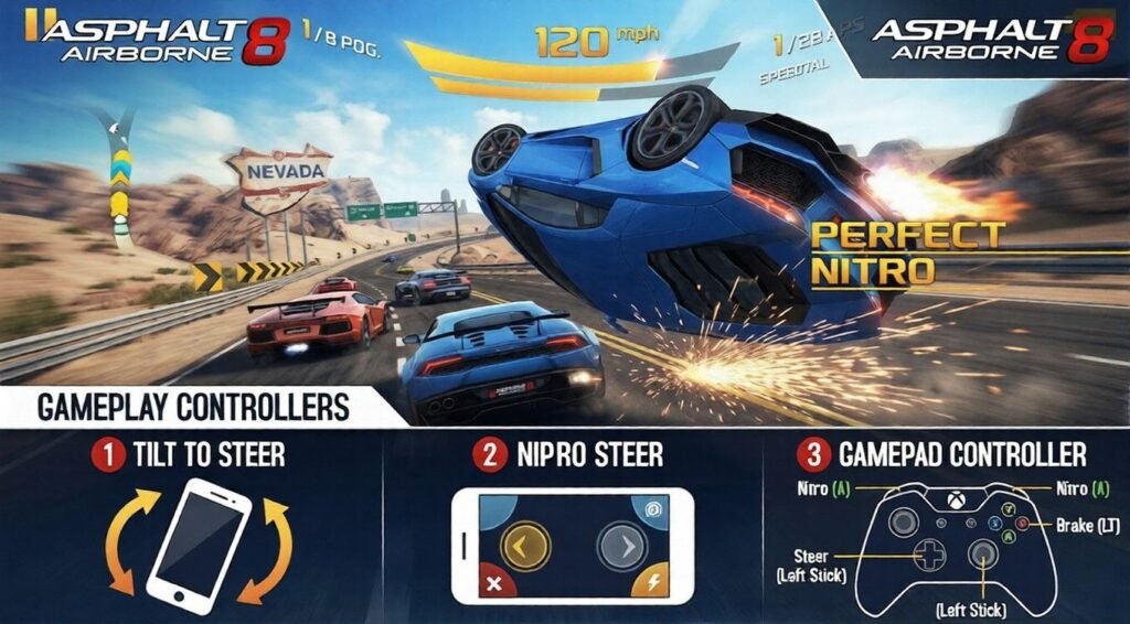 Screenshot from Asphalt 8: Airborne showing cars racing in Nevada, a blue car flipping with Perfect Nitro, and control options for tilt, touch steering, and gamepad input.