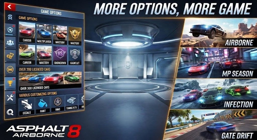 Asphalt 8: Airborne garage screen showing a lineup of luxury supercars, including a McLaren 720S, with menus for tuning, upgrades, customization, and car selection.