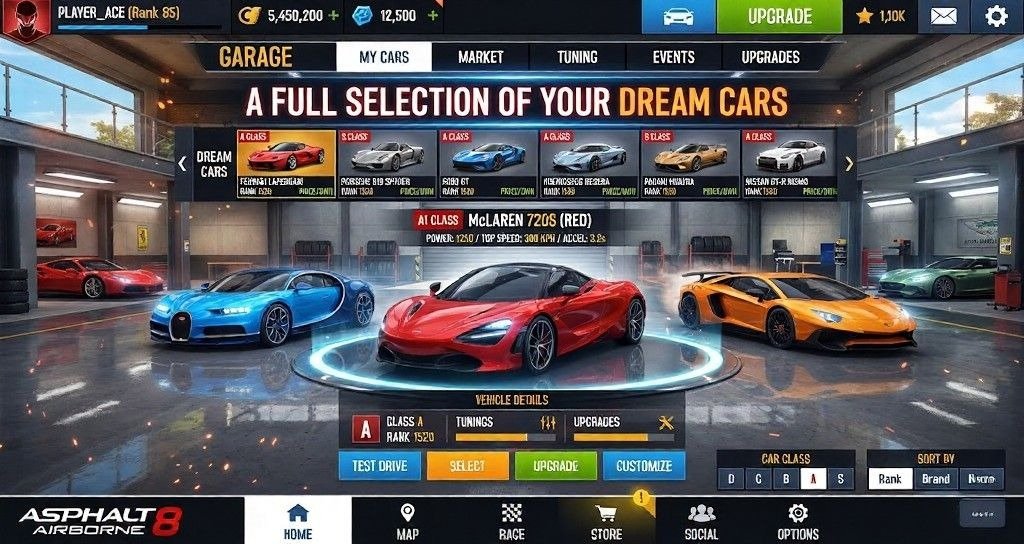 Asphalt 8: Airborne garage screen showing a lineup of luxury supercars, including a McLaren 720S, with menus for tuning, upgrades, customization, and car selection.
