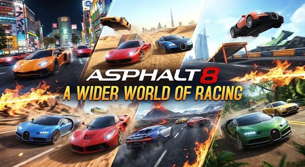 Collage-style Asphalt 8: Airborne promotional image showing multiple supercars racing across city streets, desert roads, volcanic highways, and stunt ramps, with the slogan “A Wider World of Racing.”