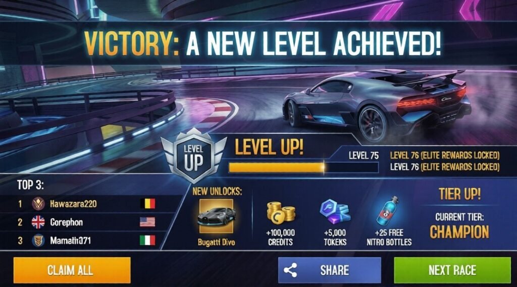 Asphalt 8: Airborne victory screen showing a level-up reward, leaderboard standings, unlockable prizes, and a silver supercar racing through a neon-lit track.