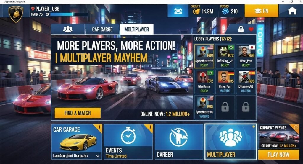 Asphalt 8: Airborne multiplayer screen showing online matchmaking, a 12-player lobby, event tiles, and sports cars racing through a neon-lit Tokyo street at night.