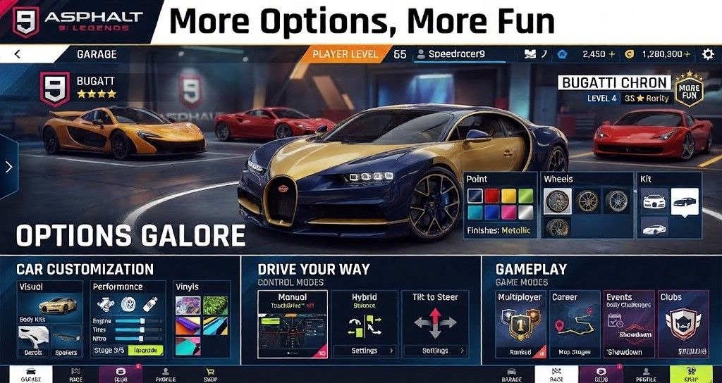 Asphalt 9: Legends garage customization screen featuring a Bugatti Chiron, car customization options, multiple control modes, and gameplay mode selections under the heading “More Options, More Fun.”
