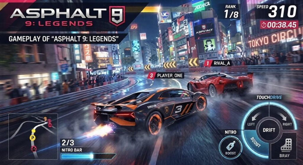 Screenshot of Asphalt 9: Legends gameplay showing two supercars racing through a neon-lit Tokyo street at night, with HUD elements for speed, rank, nitro, and TouchDrive controls.
