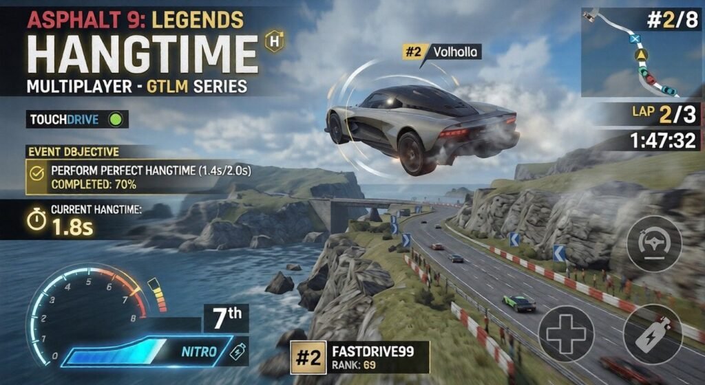 Screenshot of Asphalt 9: Legends multiplayer gameplay showing a car airborne over a coastal cliff road, with hangtime objective, TouchDrive enabled, lap and position indicators, and nitro gauge visible.