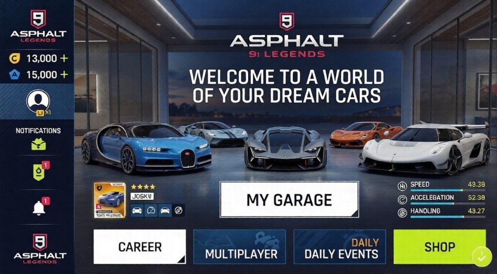 Asphalt 9: Legends garage screen displaying a lineup of high-end supercars, including a blue Bugatti and white Koenigsegg, with menu options for garage, career, multiplayer, daily events, and shop.