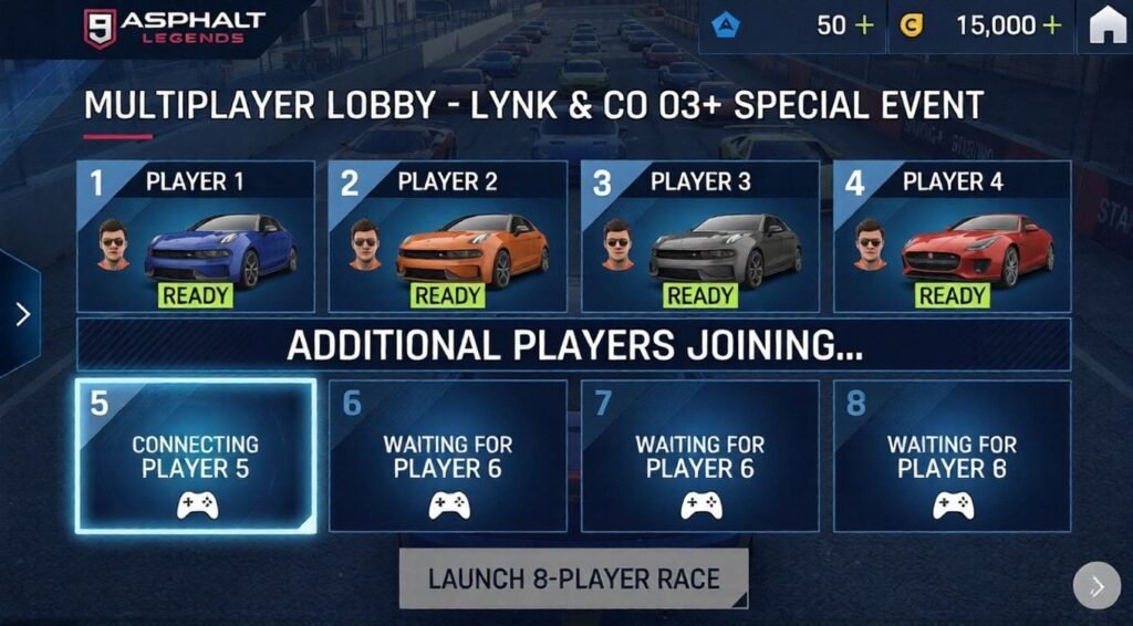 Asphalt 9: Legends multiplayer lobby screen for a Lynk & Co 03+ special event, showing four ready players, four open slots, and an option to launch an eight-player race.