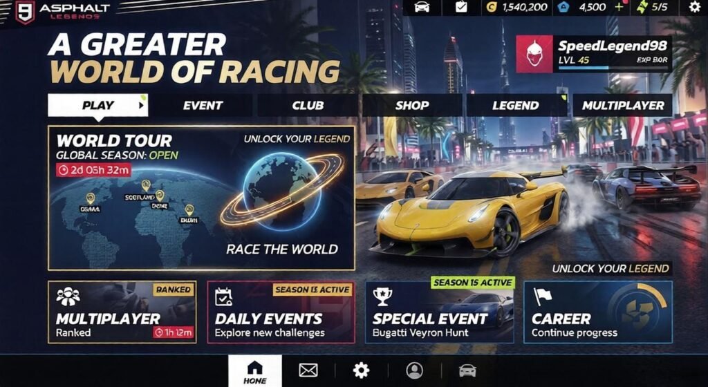 Asphalt 9: Legends home screen showing world tour, multiplayer, daily events, career, and special event tiles over a city racing backdrop with multiple sports cars.