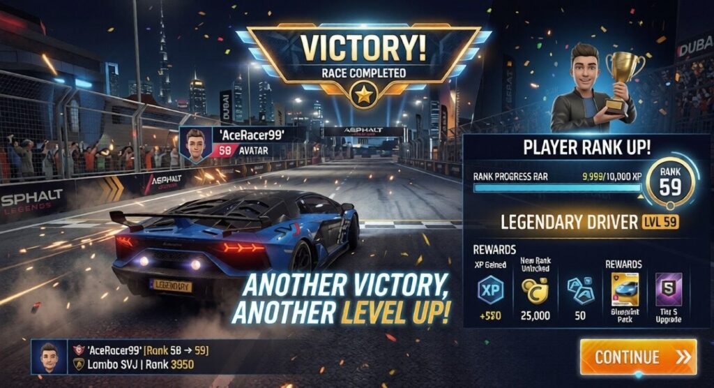 Asphalt 9: Legends victory screen showing a blue supercar crossing the finish line at night in Dubai, with confetti, a race win banner, player rank-up progress, and reward icons.