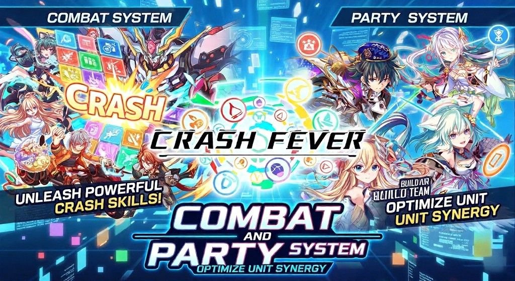 Promotional Crash Fever image showing its combat and party systems, with anime characters, colorful puzzle panels, skill icons, and bold text about powerful Crash skills and unit synergy.