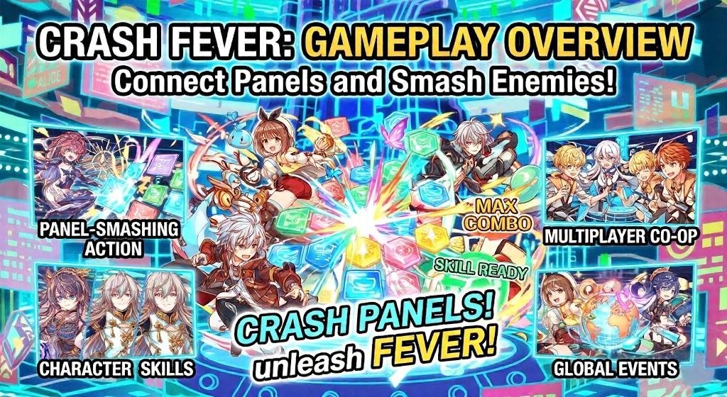 Promotional Crash Fever gameplay overview image showing anime characters smashing colorful puzzle panels, with text callouts for panel-smashing action, character skills, multiplayer co-op, global events, max combo, and Fever.