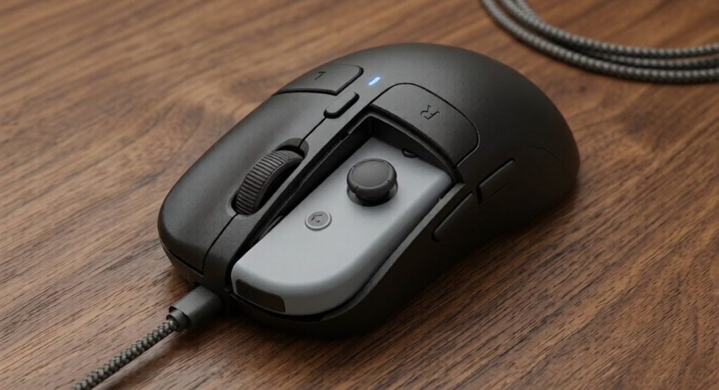 Black mouse-style grip holding a gray Joy-Con 2 controller.
Accessory sits on a wooden desk with cable attached.