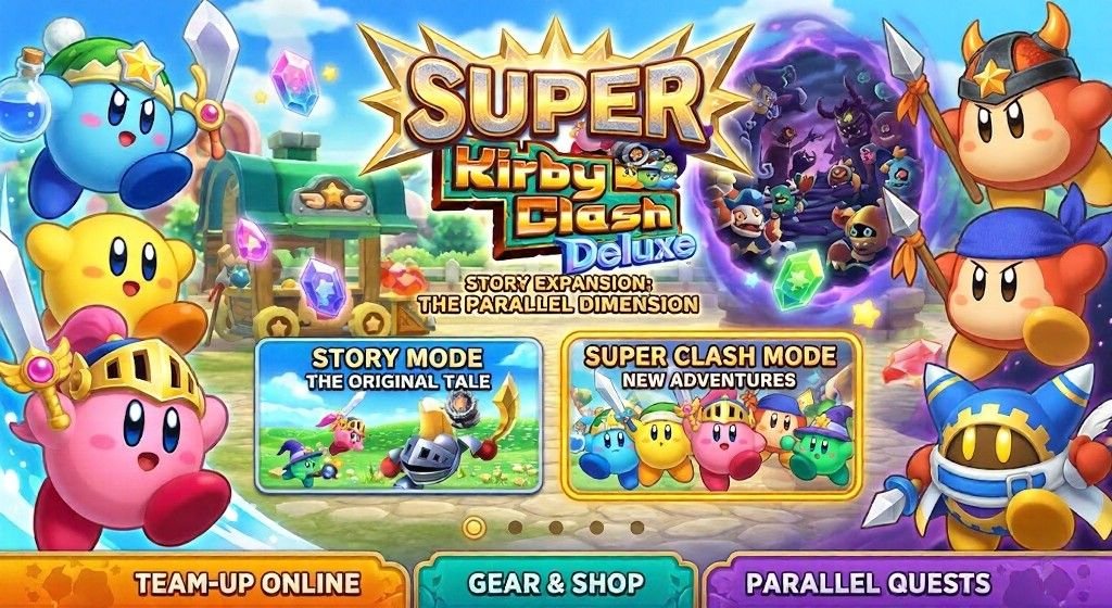 Promotional artwork for Super Kirby Clash showing Kirby heroes, Waddle Dee, and Magolor around a menu screen featuring story expansion, new adventures, gear, online play, and parallel quests.