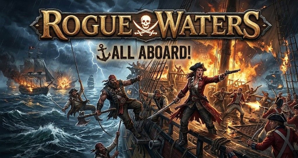 Artwork for Rogue Waters showing pirates boarding amid a fiery sea battle, with Captain Cutter and crew fighting across a storm-lashed deck while ships burn in the background.