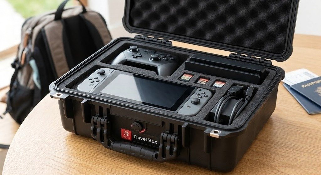 Hard travel box storing a Nintendo Switch 2 and accessories.
Foam inserts hold the console, controller, cables, and game cards.