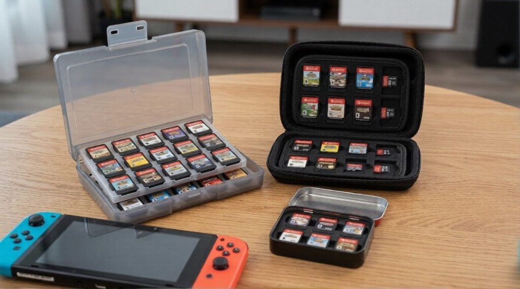 Multiple Nintendo Switch cartridge holders displayed on a wooden table.
Open cases store game cards beside a Switch console.