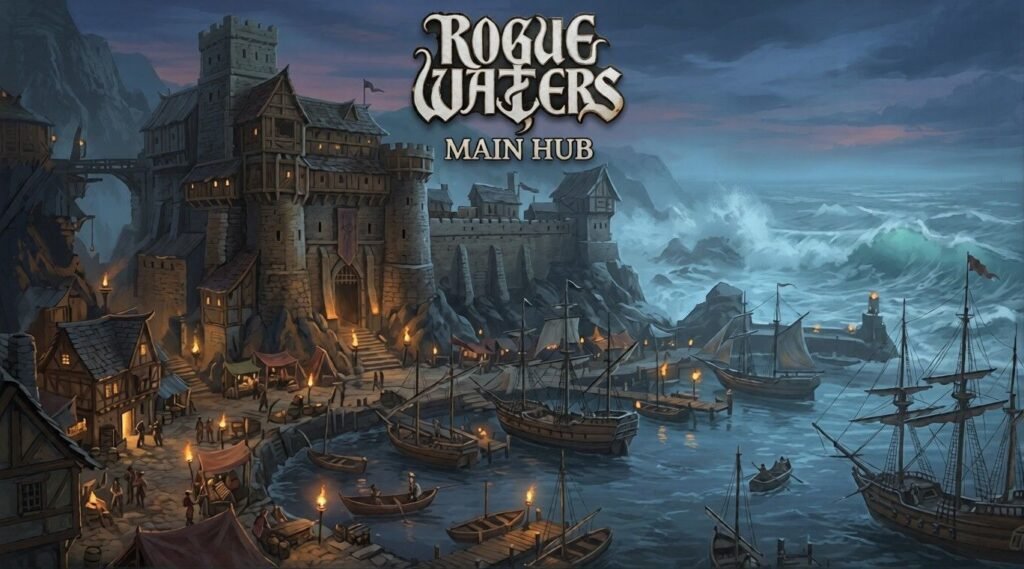 Artwork for Rogue Waters showing the Main Hub as a fortified seaside harbor with towers, docks, ships, torchlit buildings, and rough waves under an evening sky.