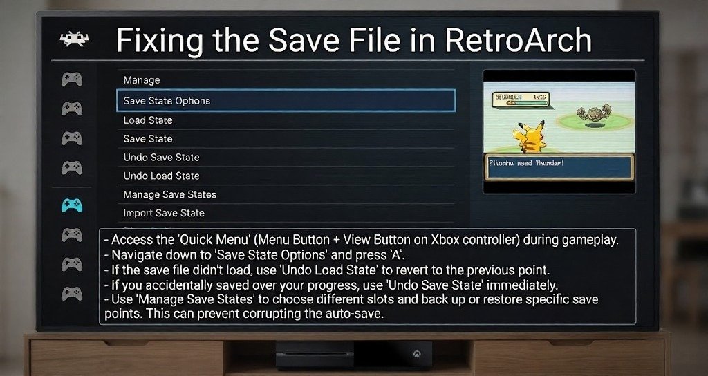 Screen titled “Fixing the Save File in RetroArch,” showing RetroArch save state options on a TV with a Pokémon battle screenshot and instructions for restoring or managing save files.