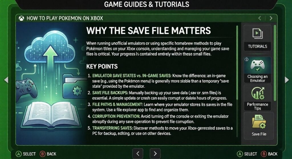 Game tutorial screen titled “Why the Save File Matters,” showing save-file guidance for Pokémon on Xbox with key points, tutorial menu, and icons for backups, emulator choice, and performance tips.