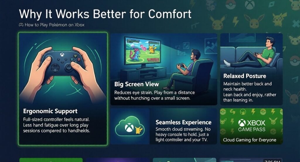 Graphic titled “Why It Works Better for Comfort,” showing an Xbox controller, big-screen gameplay, relaxed seating, and cloud gaming benefits for playing Pokémon on Xbox.