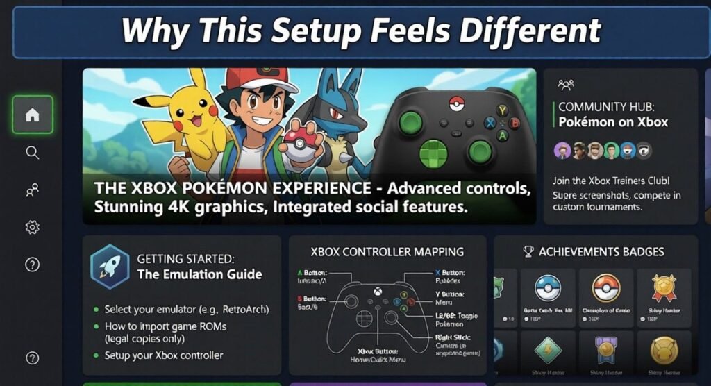 Dashboard-style graphic titled “Why This Setup Feels Different,” featuring Pokémon artwork, an Xbox controller, community hub, emulation guide, controller mapping, and achievement badges.