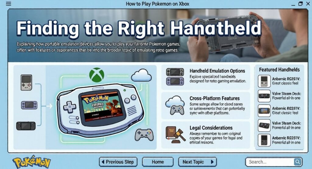 Interface screen titled “Finding the Right Handheld,” showing handheld emulation options, featured devices, legal notes, and a central portable console displaying a Pokémon game.
