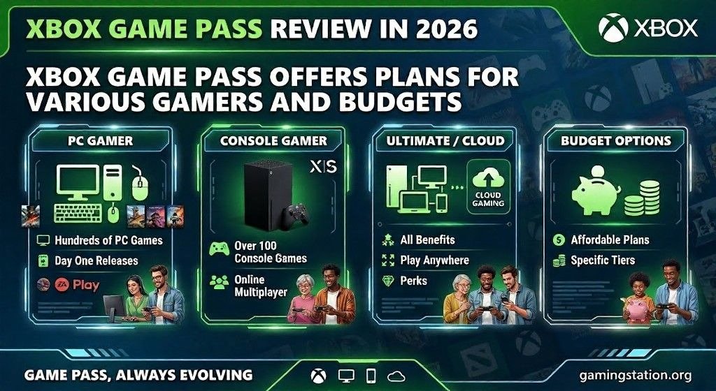 Infographic showing Xbox Game Pass plans for different player types, with four glowing panels for PC Gamer, Console Gamer, Ultimate/Cloud, and Budget Options, plus icons for devices, cloud gaming, and affordability.