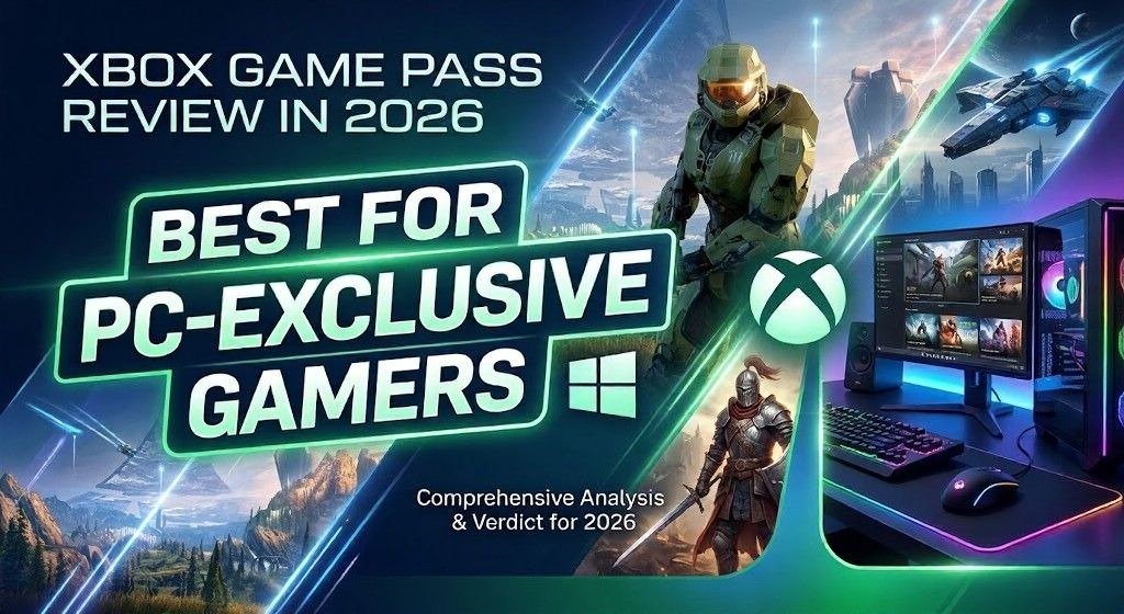 Xbox Game Pass review graphic for PC-exclusive gamers, featuring Master Chief, Xbox branding, fantasy and sci-fi game scenes, and a desktop gaming setup with monitor, RGB keyboard, mouse, and tower PC.