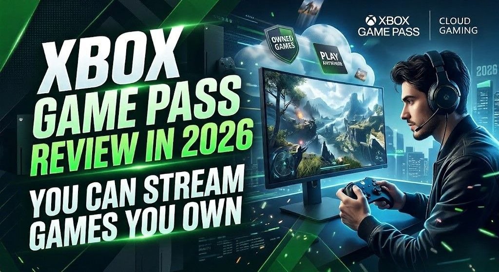 Xbox Game Pass review graphic about streaming owned games, showing a gamer with a controller at a monitor, Xbox and cloud gaming logos, and bold text about playing games you already own in 2026.