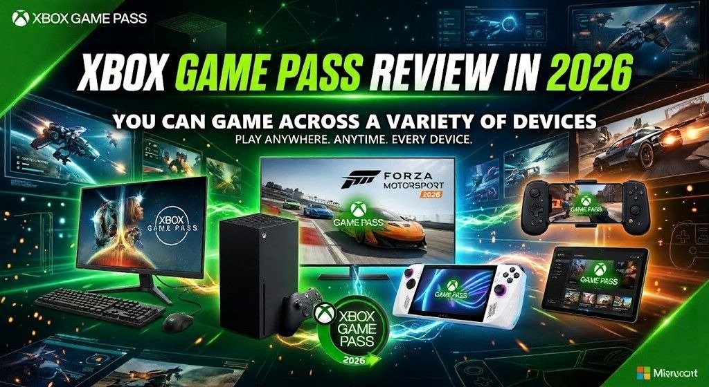 Xbox Game Pass review graphic showing three highlighted plan cards for Ultimate, Core, and PC, surrounded by green neon effects, Xbox branding, a controller, headset, and game artwork.