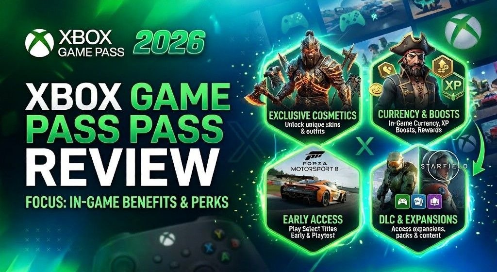 Xbox Game Pass 2026 promotional graphic focused on in-game benefits and perks, featuring Xbox branding, game characters, and highlighted reward categories like cosmetics, currency boosts, early access, and DLC.