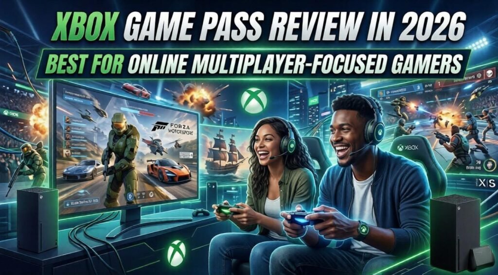 Xbox Game Pass review graphic for online multiplayer-focused gamers, showing two players using controllers and headsets, Xbox consoles, and action scenes from racing, shooter, and team-based games.