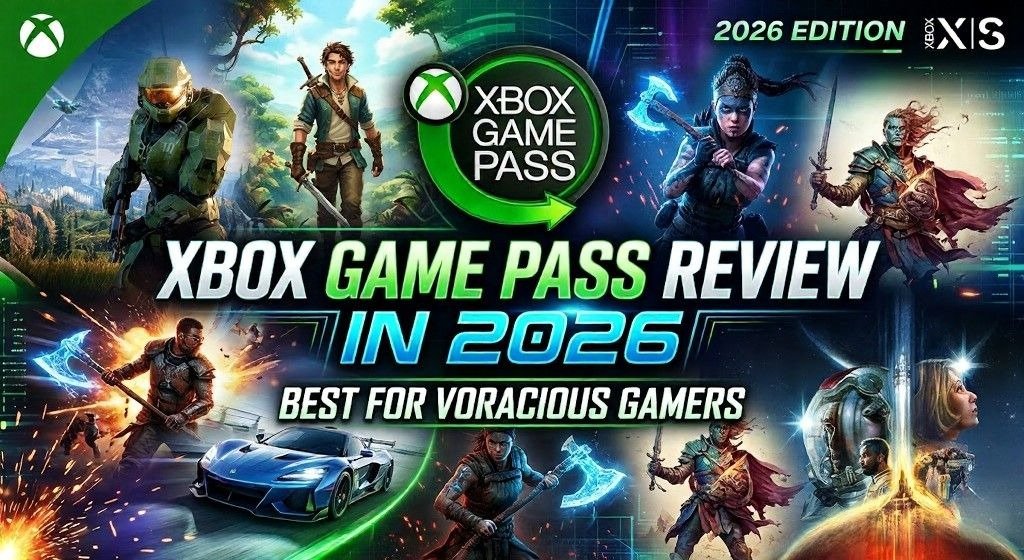 Xbox Game Pass review graphic for voracious gamers, featuring a collage of action, fantasy, racing, and sci-fi characters around bold 2026 branding and the Xbox Game Pass logo.