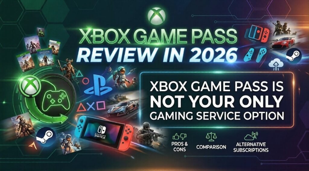 Xbox Game Pass comparison graphic showing competing gaming services, with Xbox, PlayStation, Nintendo Switch, Steam, and cloud gaming symbols alongside game imagery and subscription comparison messaging.